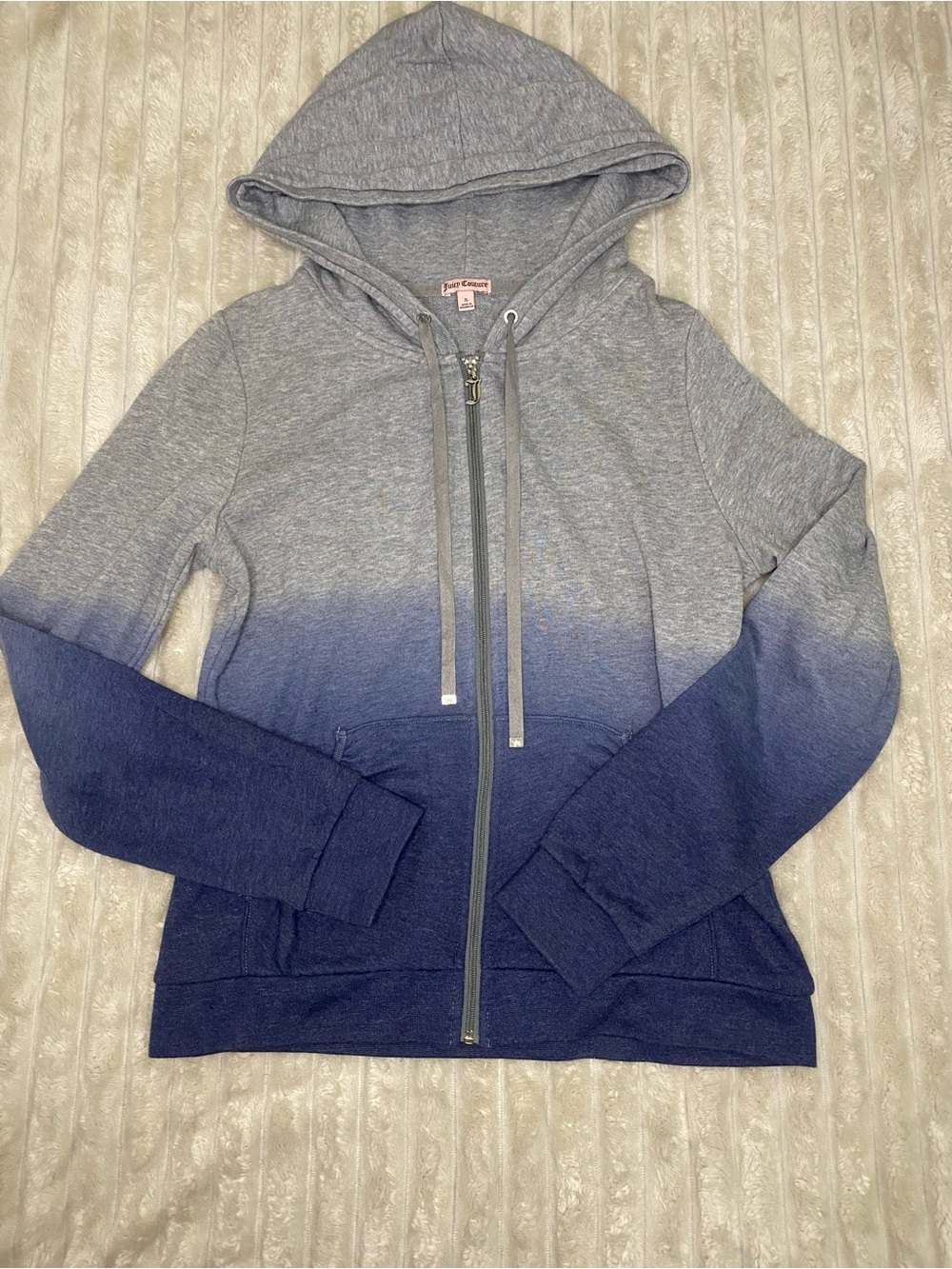 Juicy Couture Gray Navy Ombré Zip-Up Hoodie with Silver Hardware Rhinestone Logo